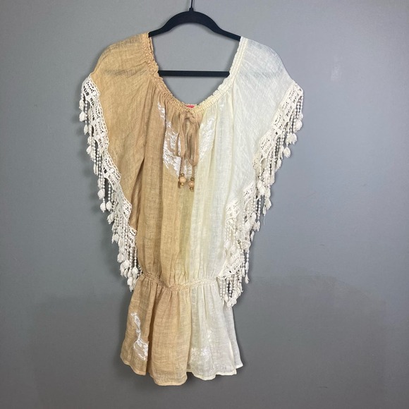 Vanita Rosa Dress small s/m Linen Applique embroidered Tie Peplum Waist Lace - Picture 10 of 16